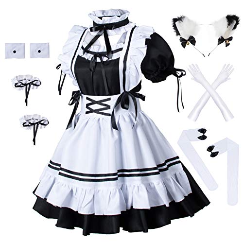 Anime French Maid Apron Lolita Fancy Dress Cosplay Costume Furry Cat Ear Gloves Socks Set(2XL)