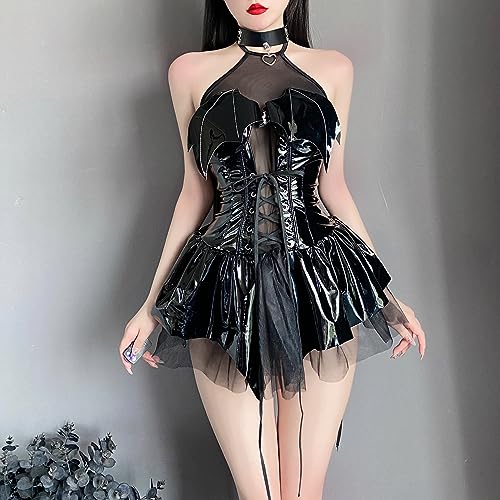 mzenuop Cosplay Lingerie For Women Cute Anime Lingerie Strap-On Bat Imp See-Through Skirt Set Black