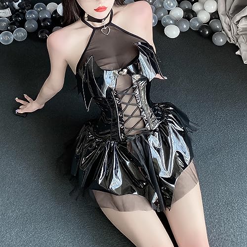 mzenuop Cosplay Lingerie For Women Cute Anime Lingerie Strap-On Bat Imp See-Through Skirt Set Black