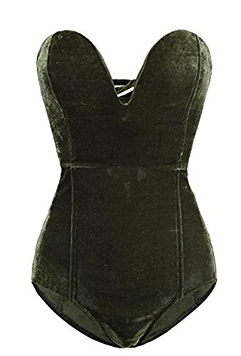 Clothink Women Strapless Velvet Bodysuit Plunge V Neck Sexy Leotard XL Dark Green