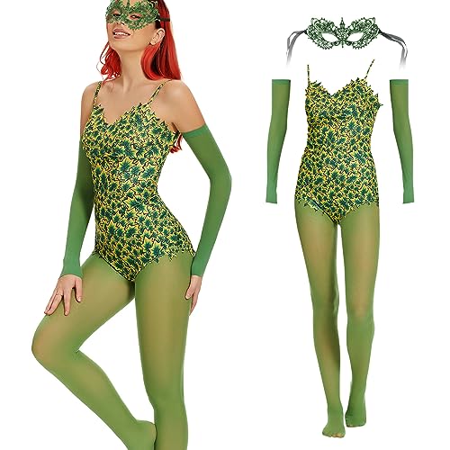 ATAMET Women's Super Villain Plants Vines Pattern Full Outfit Cosplay Corset Fancy Halloween costume (5 pc set(with mask), Small)