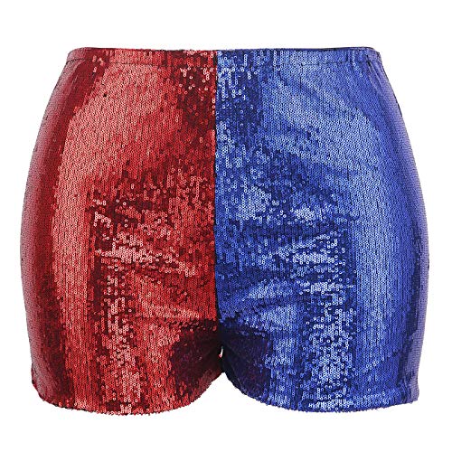 HDE Women's Plus Size Red Blue Sequin Shorts for Harley Misfit Halloween Costume (Red and Blue, 2X)