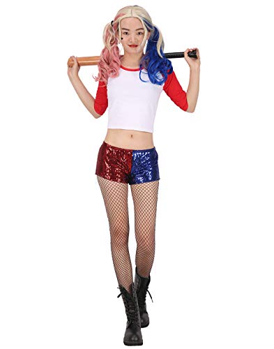 HDE Women's Plus Size Red Blue Sequin Shorts for Harley Misfit Halloween Costume (Red and Blue, 2X)