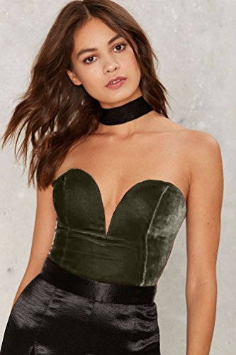 Clothink Women Strapless Velvet Bodysuit Plunge V Neck Sexy Leotard XL Dark Green