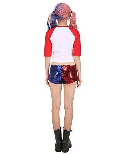 HDE Women's Plus Size Red Blue Sequin Shorts for Harley Misfit Halloween Costume (Red and Blue, 2X)