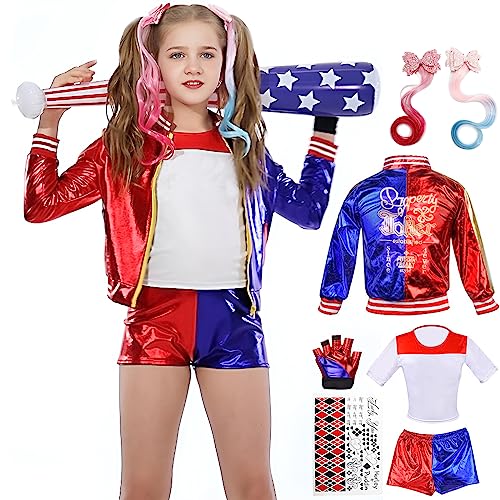 Lydoesy Cosplay Costume Outfit Set with Jacket Shorts Glove Wig Baseball Bat Tattoo Stickers for Kids Halloween (L)
