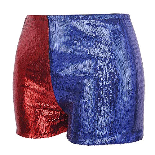 HDE Women's Plus Size Red Blue Sequin Shorts for Harley Misfit Halloween Costume (Red and Blue, 2X)