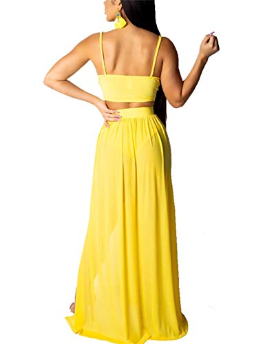 EOSIEDUR Women's 2 Piece Outfit Loose Solid Crop Cami Top With Split Skirt, Solid Yellow, Small