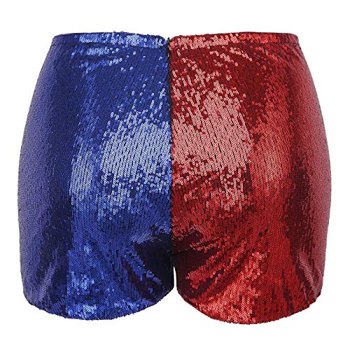 HDE Women's Plus Size Red Blue Sequin Shorts for Harley Misfit Halloween Costume (Red and Blue, 2X)