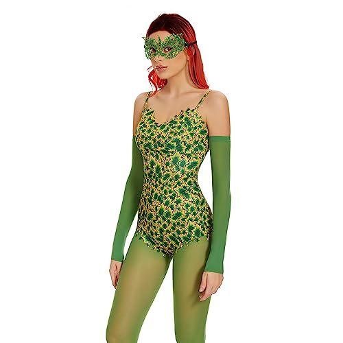 ATAMET Women's Super Villain Plants Vines Pattern Full Outfit Cosplay Corset Fancy Halloween costume (5 pc set(with mask), Small)