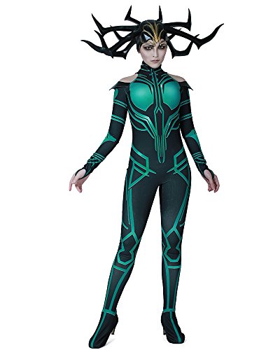 Miccostumes Women's Hela Cosplay Costume Halloween Jumpsuit with Cape, Green, X-Large