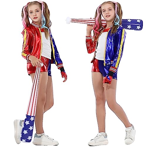 Lydoesy Cosplay Costume Outfit Set with Jacket Shorts Glove Wig Baseball Bat Tattoo Stickers for Kids Halloween (L)