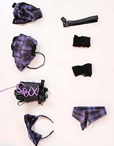 Mobbunny Women Schoolgirl Lingerie Set Roleplay Lingerie Sexy Student Cosplay Costumes (purple black, large)