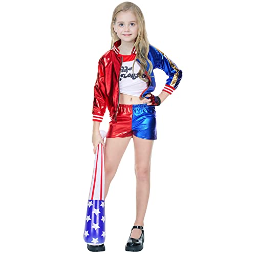 Lydoesy Cosplay Costume Outfit Set with Jacket Shorts Glove Wig Baseball Bat Tattoo Stickers for Kids Halloween (L)