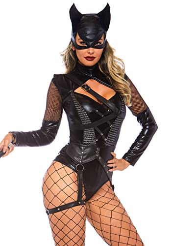 Leg Avenue Women's 2 Pc Villainess Vixen Bodysuit Costume with Attached Garter, Hooded Mask, Black, Medium