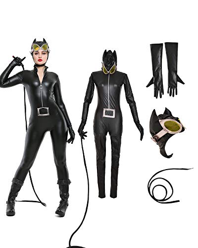 miccostumes Women's Super Heroine Bodysuit Cosplay Costume with Whip Headcover (M, Black)