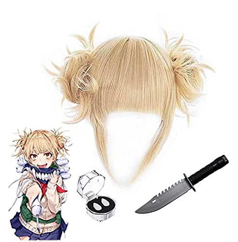 PPONE MHA Himiko Toga Wig + Teeth Fangs+ Plastic Dagger,Anime My Hero Academia Cosplay Hair with 2 Detachable Buns Costume, yellow, 1 Count (Pack of 1)