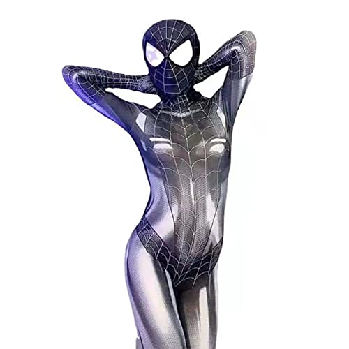 Dafatpig Women Spider Pattern Bodysuit Halloween Superhero Girl Cosplay Costume Catsuit Stretch Jumpsuit Faux Leather Romper (2XL, Black)