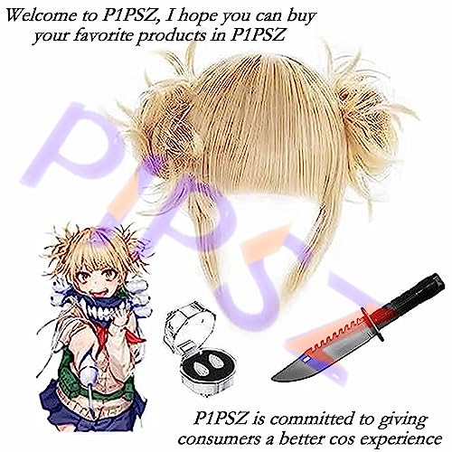 PPONE MHA Himiko Toga Wig + Teeth Fangs+ Plastic Dagger,Anime My Hero Academia Cosplay Hair with 2 Detachable Buns Costume, yellow, 1 Count (Pack of 1)