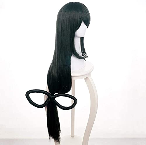 Tsuyu Asui Cosplay Wig My Hero Academia Anime Costume 44 Inches Long Dark Green Straight Detachable Bow Wigs for Women Halloween Family Party