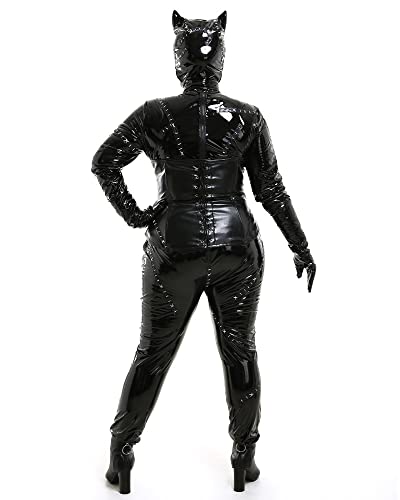 miccostumes Women's Plus Size Fullbody Black Catsuit Halloween Cosplay Deluxe Costume Whip Zipper Patch(1X/2X, Black)