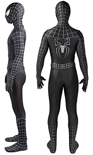 PREQUA Halloween Mens Superhero Costume Cosplay Black Suit Zentai Onesie Outfit Jumpsuit Dress Up Pretend Play Spandex for Adult