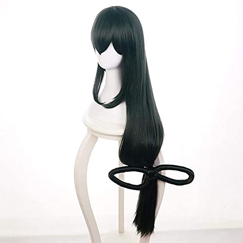 Tsuyu Asui Cosplay Wig My Hero Academia Anime Costume 44 Inches Long Dark Green Straight Detachable Bow Wigs for Women Halloween Family Party