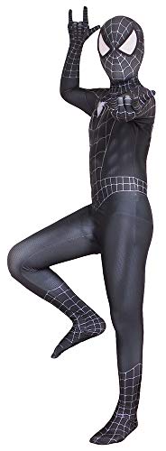 PREQUA Halloween Mens Superhero Costume Cosplay Black Suit Zentai Onesie Outfit Jumpsuit Dress Up Pretend Play Spandex for Adult