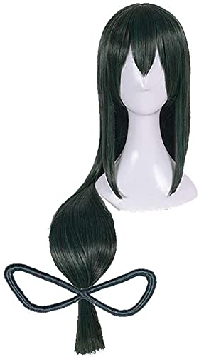 Tsuyu Asui Cosplay Wig My Hero Academia Anime Costume 44 Inches Long Dark Green Straight Detachable Bow Wigs for Women Halloween Family Party