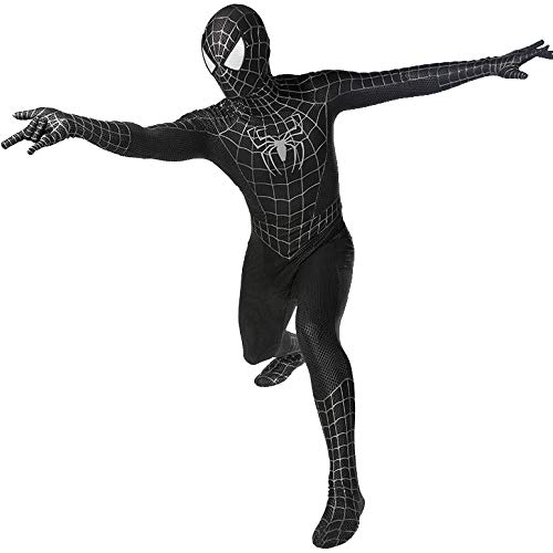 PREQUA Halloween Mens Superhero Costume Cosplay Black Suit Zentai Onesie Outfit Jumpsuit Dress Up Pretend Play Spandex for Adult