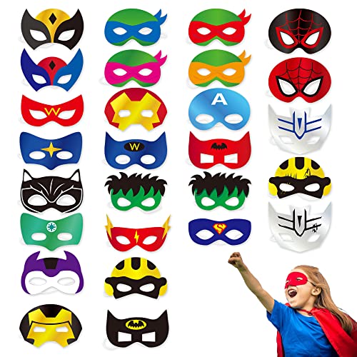 Top Hubsch 26 Pieces Superhero Cosplay Masks for Birthday Party, Superhero Party Supplies Children Masquerade Cosplay Paper Eye Masks