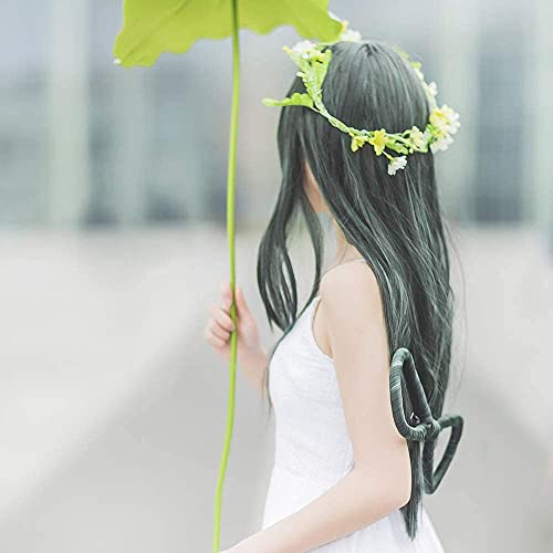 Tsuyu Asui Cosplay Wig My Hero Academia Anime Costume 44 Inches Long Dark Green Straight Detachable Bow Wigs for Women Halloween Family Party
