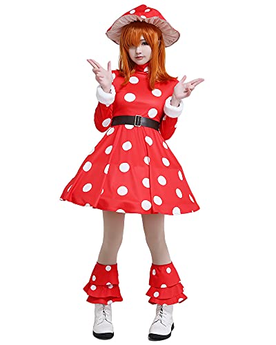 miccostumes Women's Anime Hero Cosplay Costume Red Mushroom Turtleneck Dress Outfit with Hat (Red, X-Large)