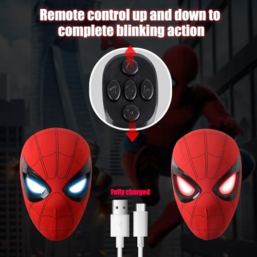 Spider Hero Mask Toy for Kids & Men - Movable Glowing Eyes, Remote-Controlled, Full Face Cosplay - Dynamic Moving Lenses, Ideal for Halloween, Christmas, Superhero Fans & Costume Parties (Red-A)