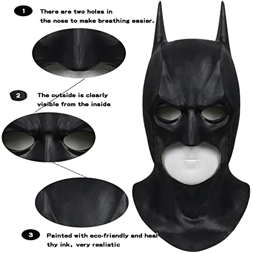 Men's Super Hero Bat Mask Knight Full Head Cowl Helmet Latex Black Headgear Halloween Costume Accessory Masque Role Play Props