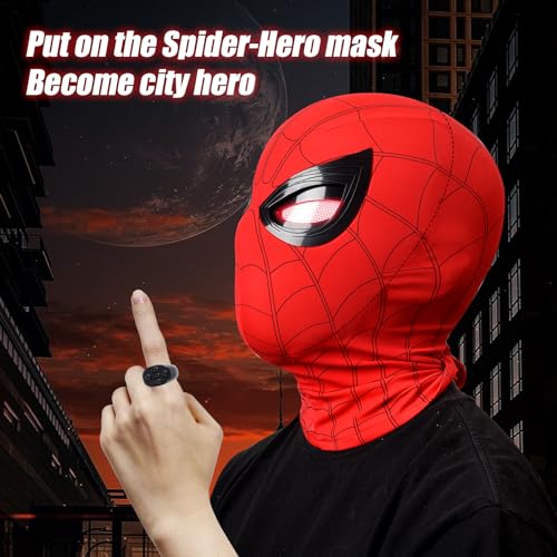 Spider Hero Mask Toy for Kids & Men - Movable Glowing Eyes, Remote-Controlled, Full Face Cosplay - Dynamic Moving Lenses, Ideal for Halloween, Christmas, Superhero Fans & Costume Parties (Red-A)