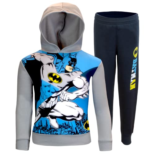 BATMAN 2-Piece Fleece Top/Pants Set for Boys and Toddlers, DC Comics Fleece Hooded Sweatshirt or T-Shirt and Pants for Boys and Toddlers (Grey 2, Size 8)