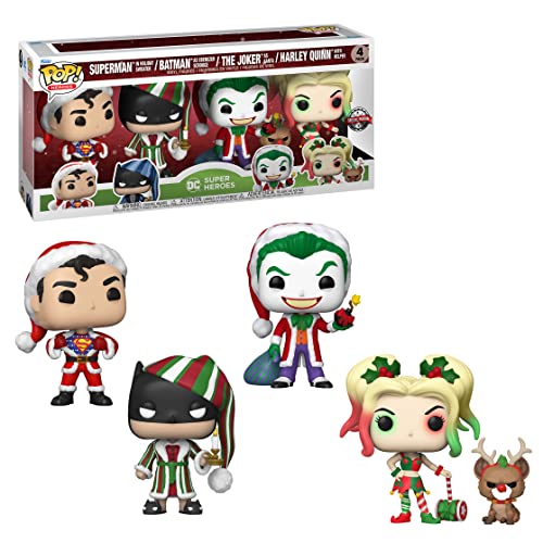 Funko Pop! DC Comics Christmas 4 Pack Special Edition Exclusive Vinyl Figures - Superman in Holiday Sweater, Batman as Ebenezer Scrooge, The Joker as Santa, Harley Quinn with Helper