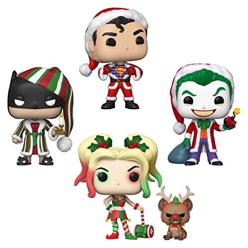 Funko Pop! DC Comics Christmas 4 Pack Special Edition Exclusive Vinyl Figures - Superman in Holiday Sweater, Batman as Ebenezer Scrooge, The Joker as Santa, Harley Quinn with Helper