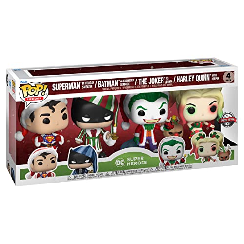 Funko Pop! DC Comics Christmas 4 Pack Special Edition Exclusive Vinyl Figures - Superman in Holiday Sweater, Batman as Ebenezer Scrooge, The Joker as Santa, Harley Quinn with Helper