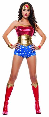 Starline Women's Lady Power Sexy Cosplay 4 Piece Costume Set, Red/Gold, Large