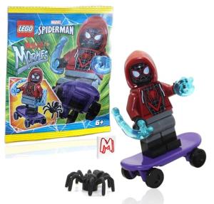 LEGO Marvel Superheroes Spider-Man Across The Spider-Verse Minifigure - Miles Morales Minifigure with Skateboard, Spider, Cool Web Blasts, and Minifigureland Tile 76178