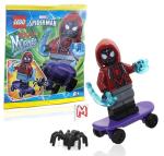 LEGO Marvel Superheroes Spider-Man Across The Spider-Verse Minifigure - Miles Morales Minifigure with Skateboard, Spider, Cool Web Blasts, and Minifigureland Tile 76178