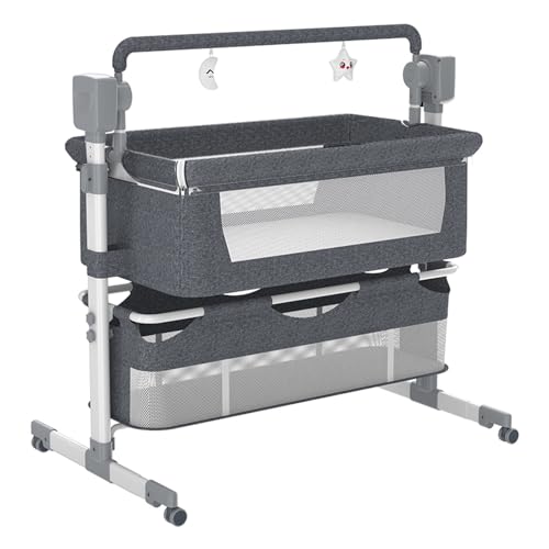 Convertible Baby Bedside Crib with Bluetooth Music (Grey)