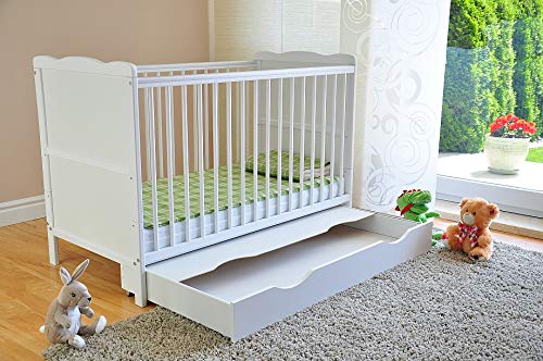 Solid Wood White Cot Bed with Drawer & Deluxe Mattress