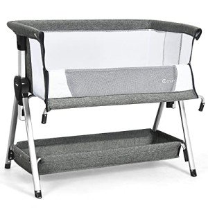 COSTWAY Bedside Crib with Adjustable Height, Storage Basket