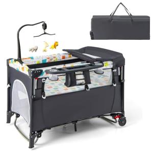 COSTWAY 5-in-1 Travel Cot with Bassinet & Toys