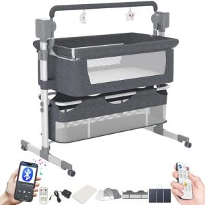 Convertible Baby Bedside Crib with Bluetooth Music (Grey)