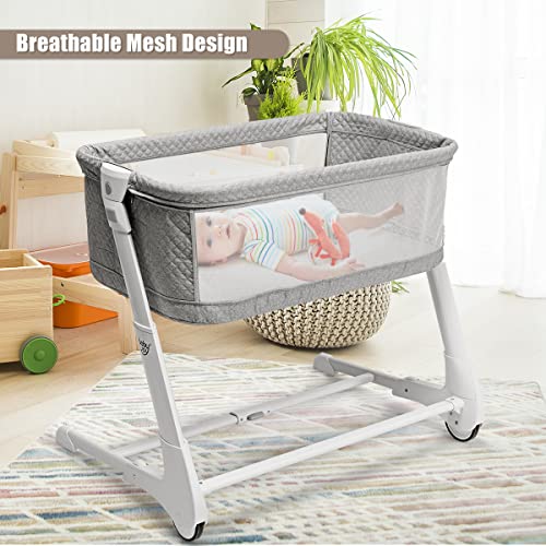 COSTWAY Bedside Sleeper Bassinet Cot, Breathable Mesh, Wheels