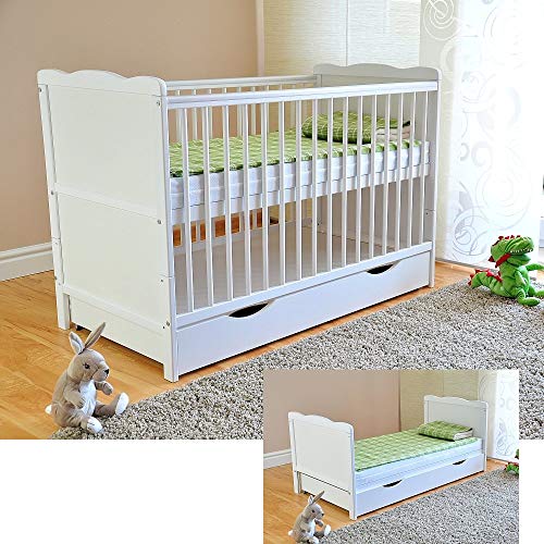 Solid Wood White Cot Bed with Drawer & Deluxe Mattress